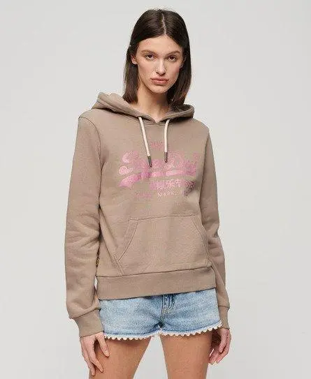 Superdry Women's Metallic Vintage Logo Graphic Hoodie Beige / Deep Beige Slub -