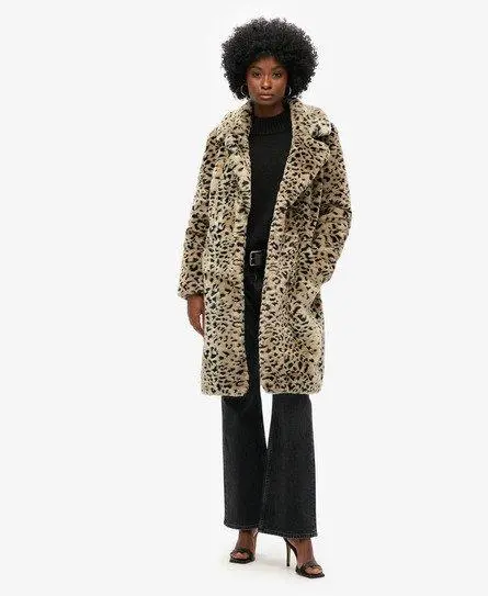 Superdry Women's Vintage Long Faux Fur Coat Brown / Leopard Print -