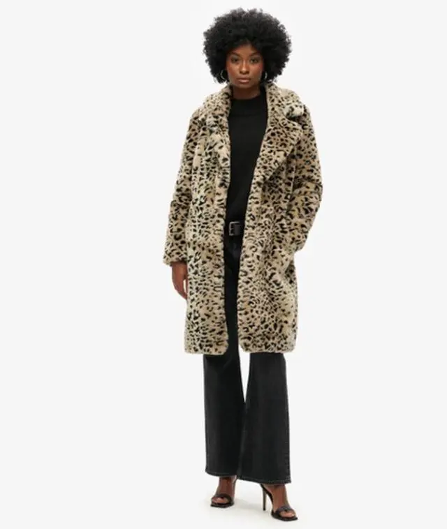 Superdry Women's Vintage Long Faux Fur Coat Brown / Leopard Print - 
