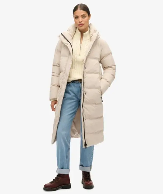 Superdry Women's Hooded Longline Puffer Coat Beige / Chateau Gray - 