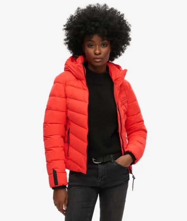 Superdry Women's Hooded Microfibre Padded Jacket Red / Sunset Red - 