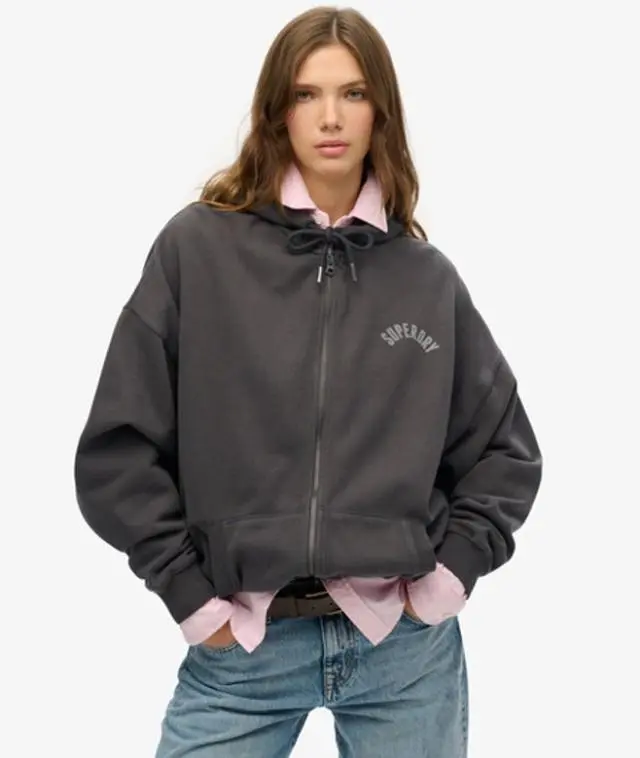 Superdry & Co Women's Cotton Logo Print Athletic Essentials Oversized Zip Hoodie, Dark Grey, 