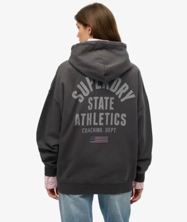 Superdry Women's Cotton Logo Print Athletic Essentials Oversized Zip Hoodie, Dark Grey, 