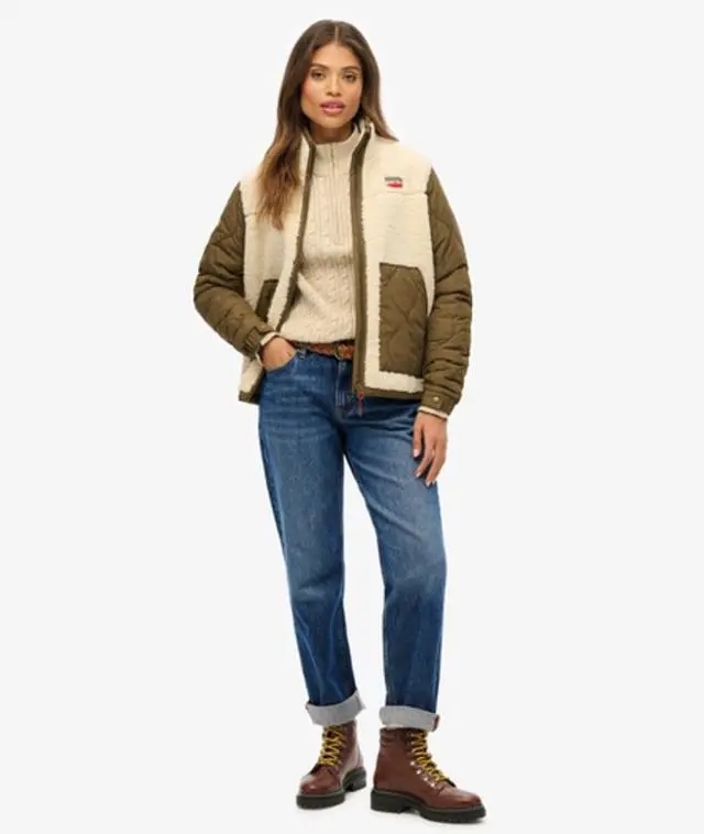 Superdry & Co Women's Sherpa Fleece Hybrid Jacket Cream / Oatmeal Beige - 