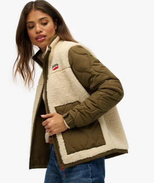 Superdry Women's Sherpa Fleece Hybrid Jacket Cream / Oatmeal Beige - 