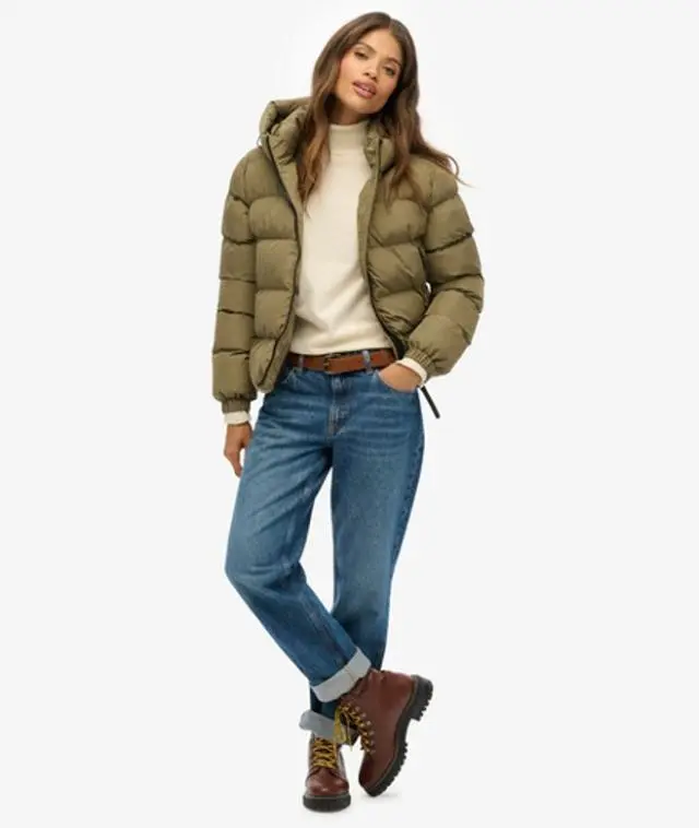 Superdry Women's Hooded Sports Puffer Jacket Green / Khaki - 