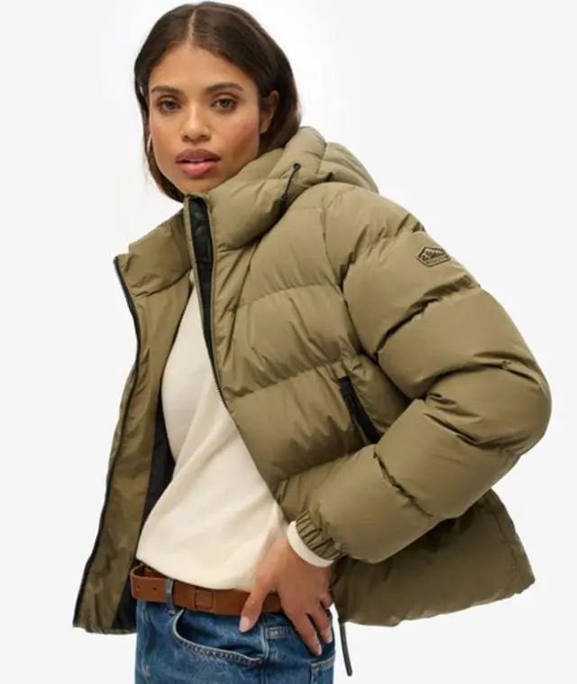 Superdry Women's Hooded Sports Puffer Jacket Green / Khaki - 