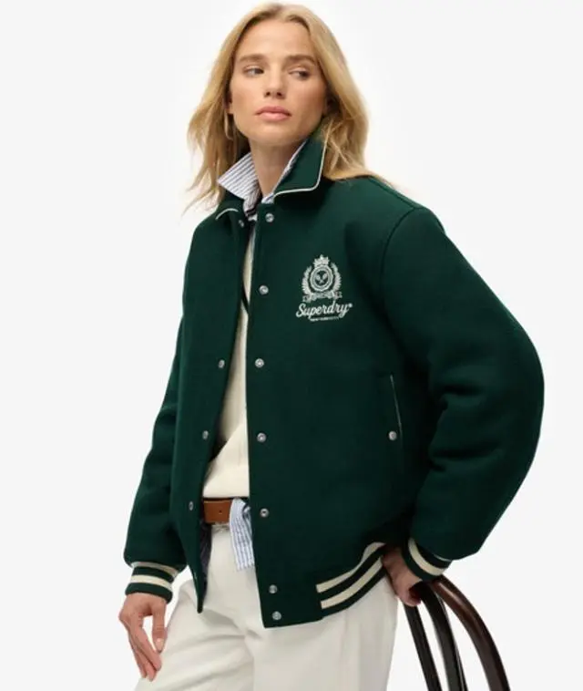 Superdry Women's Country Club Wool Blend Bomber Jacket Green / Enamel Green - 