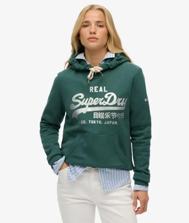 Superdry Women's Vintage Logo Metallic Hoodie Green / Mallard Green -