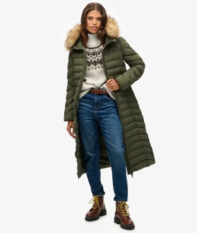 Superdry Women's Fuji Faux Fur Hooded Longline Green / Beetle Green -