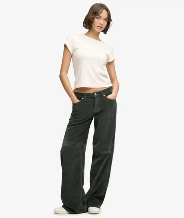 Superdry & Co Women's Mid Rise Baggy Jumbo Cord Pants Green / Deep Forest Green - 