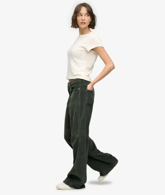 Superdry & Co Women's Mid Rise Baggy Jumbo Cord Pants Green / Deep Forest Green - 