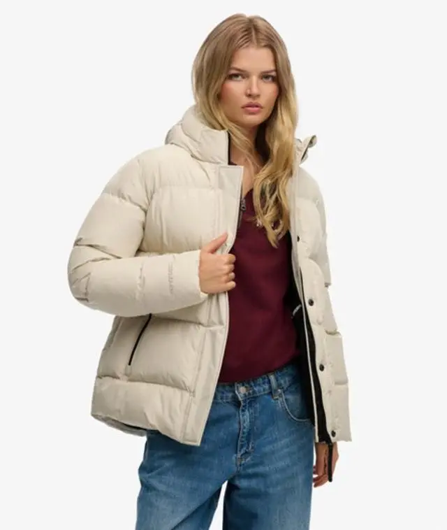 Superdry Women's Hooded Mid Length Sports Puffer Jacket Beige / Oat Bran - 