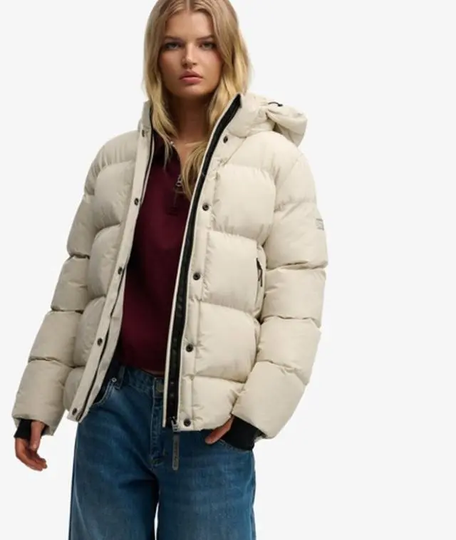 Superdry Women's Hooded Mid Length Sports Puffer Jacket Beige / Oat Bran - 