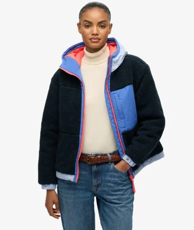 Superdry Women's Vintage Hooded Sherpa Jacket Blue / Blueberry Navy -