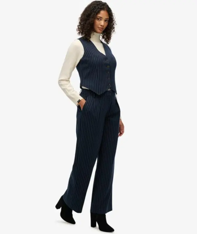 Superdry Women's Mid Rise Pinstripe Trousers Blue / Navy Pinstripe -