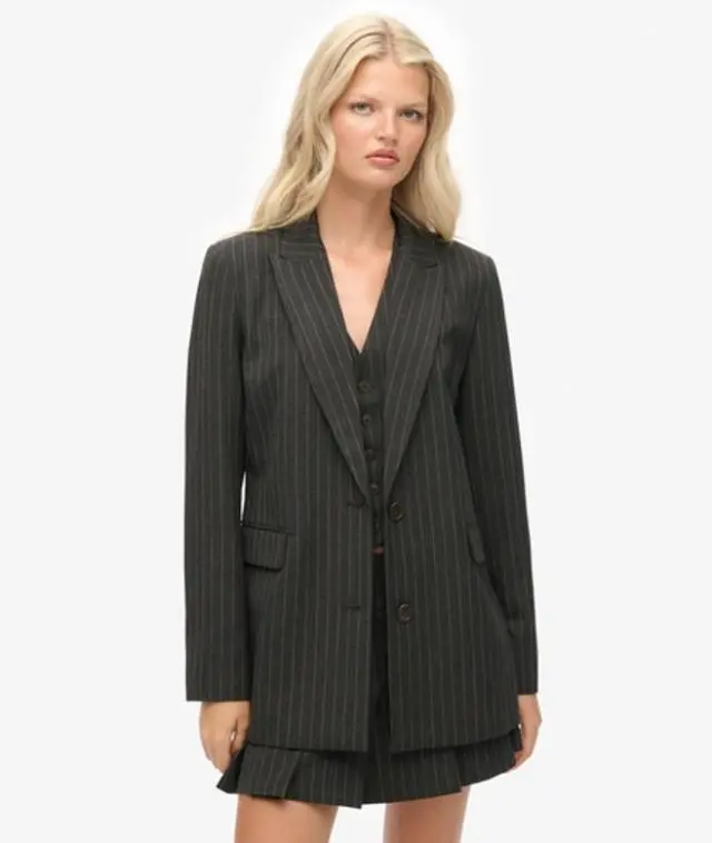 Superdry Women's Pinstripe Boyfriend Blazer Grey / Charcoal Pinstripe -