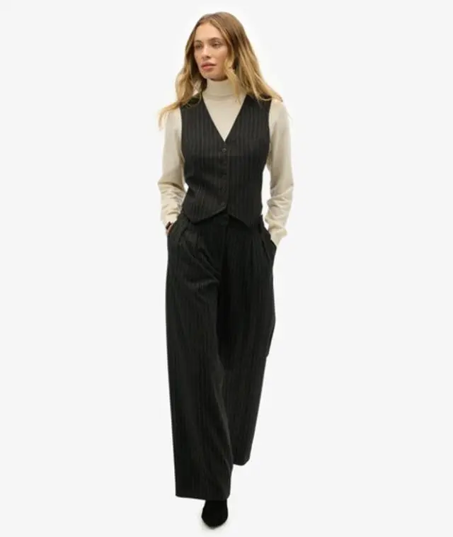 Superdry Women's Mid Rise Pinstripe Trousers Grey / Charcoal Pinstripe -