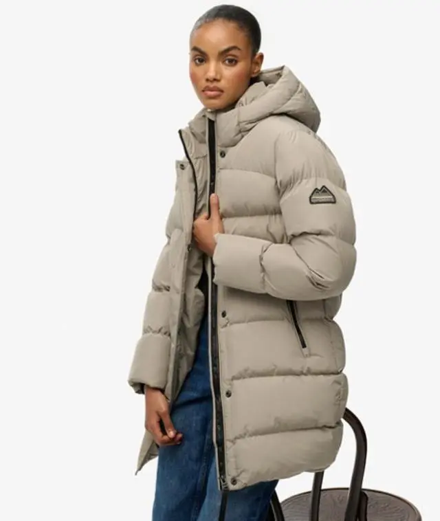 Superdry Women's Hooded Sports Puffer Mid Length Jacket Beige / Winter Twig Beige - 