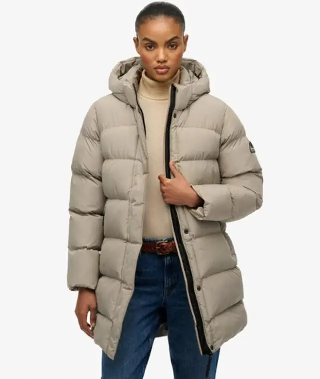 Superdry Women's Hooded Sports Puffer Mid Length Jacket Beige / Winter Twig Beige -