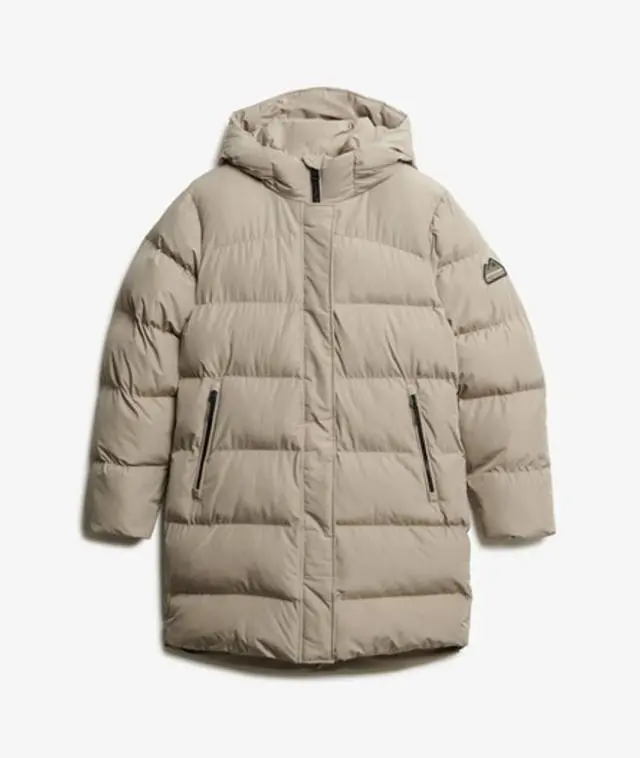 Superdry Women's Hooded Sports Puffer Mid Length Jacket Beige / Winter Twig Beige - 