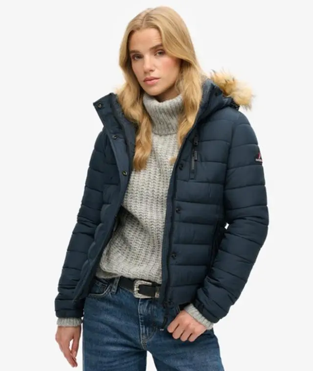 Superdry Women's Classic Quilted Faux fur Jacket, Navy Blue, 