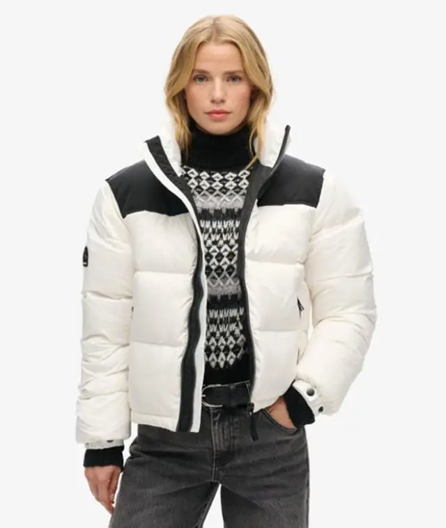 Superdry Women's Sportstyle Code Puffer Jacket, White and Black, 