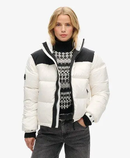 Superdry Women's Sportstyle Code Puffer Jacket, White and Black, 