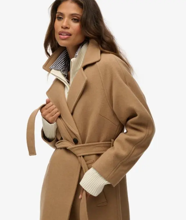 Superdry Women's Relaxed Long Wool Coat Brown / Iced Coffee Brown -