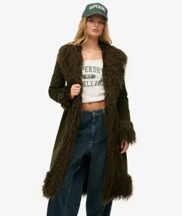 Superdry Women's Faux Fur Lined Longline Afghan Coat Khaki / Khaki Cord -