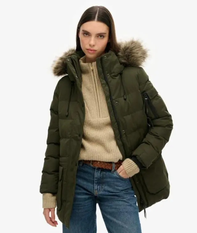 Superdry Women's Microfiber Expedition Parka Jacket Green / Surplus Goods Olive - 