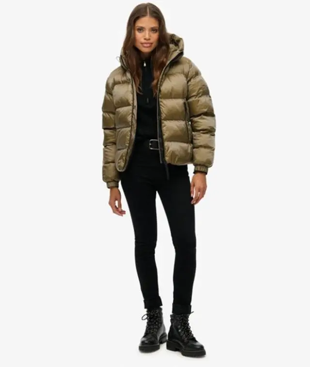 Superdry Women's Hooded Luxe Sports Puffer Jacket Khaki / Khaki Sheen - 
