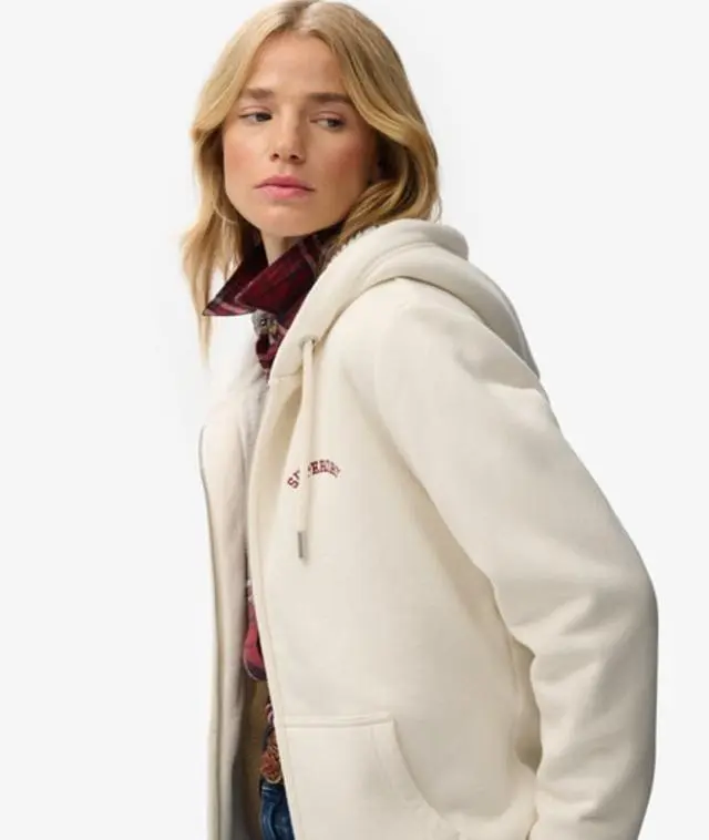 Superdry Women's Borg Lined Zip Hoodie White / Desert Bone Off White -
