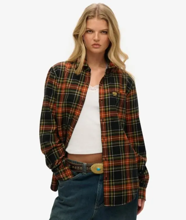 Superdry Women's Oversized Long Sleeve Cotton Lumberjack Shirt Orange / Bryce Check Black -