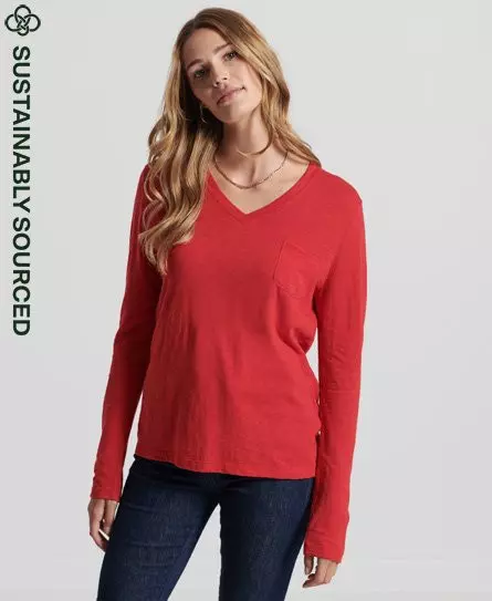 Superdry Women's Organic Cotton Long Sleeve Pocket V-Neck Top Red / Rouge Red - 