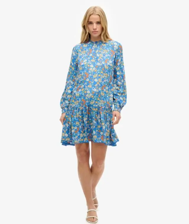 Superdry & Co Women's High Neck Mini Dress Blue / Blue Ditsy - 