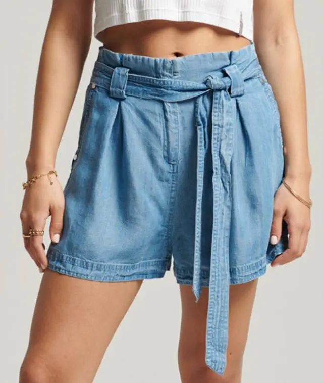 Superdry Women's Lightweight Logo Badge Desert Paperbag Shorts, Blue, 