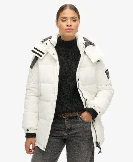 Superdry Women's Loose Fit Logo Patch Expedition Cocoon Padded Coat, White and Black, 