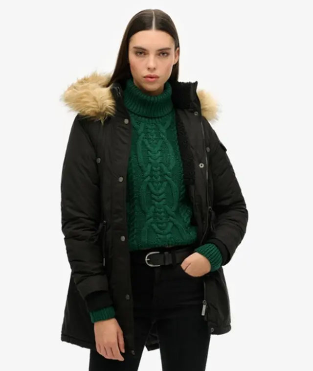 Superdry & Co Women's Logo Badge Nadare Microfibre Parka Coat, Black, 