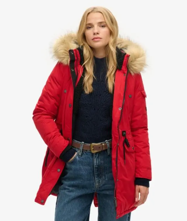 Superdry Women's Logo Patch Nadare Microfibre Parka Coat, Red, 
