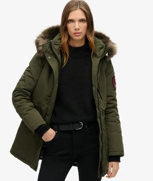 Superdry & Co Women's Everest Hooded Faux Fur Parka Coat Khaki / Army Khaki - 