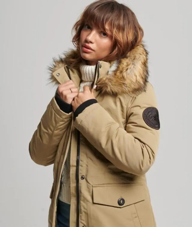 Superdry Women's Hooded Everest Faux Fur Parka Coat Brown / Natural Tan - 