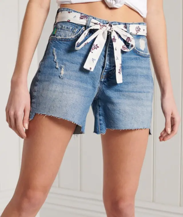 Superdry & Co Women's Vintage Mid Rise Slim Shorts Light Blue / Light Wash Repair - 