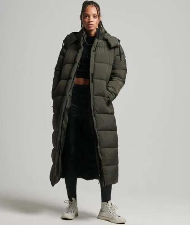 Superdry Women's Ripstop Longline Puffer Jacket Green / Khaki Grid - 