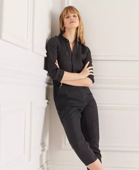 Superdry Women's Cupro Long Sleeved Shirt Jumpsuit Black - 