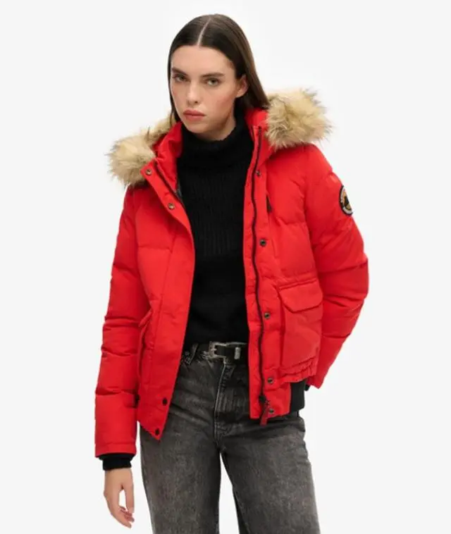Superdry Women's Everest Hooded Puffer Bomber Jacket Red / High Risk Red - 