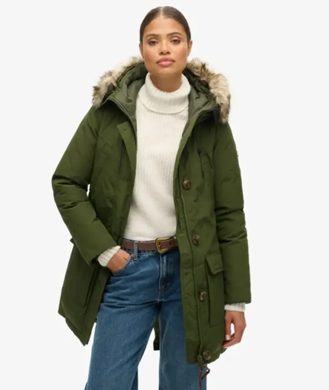 Superdry & Co Women's Hooded Faux Fur Down Parka Coat Green / Rifle Green - 