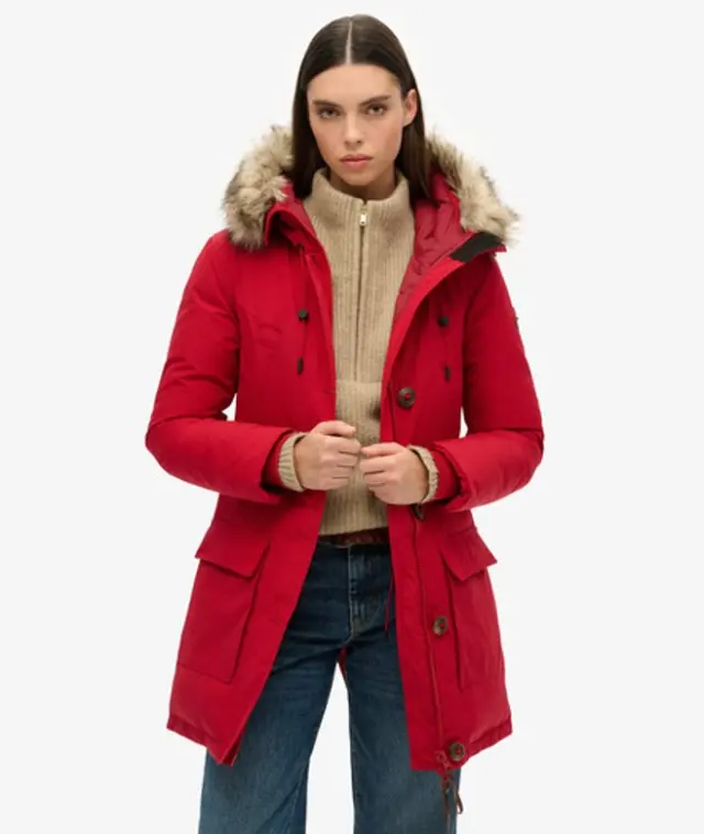 Superdry & Co Women's Hooded Faux Fur Down Parka Coat Red / Chilli Pepper - 