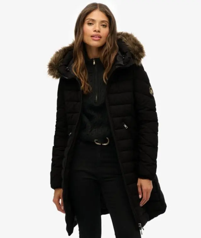 Superdry & Co Women's Fuji Faux Fur Hooded Mid Length Coat Black - 