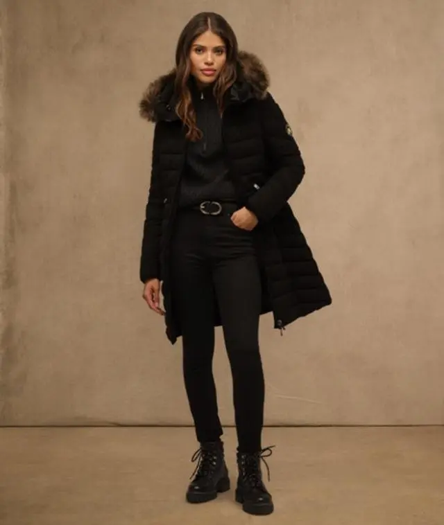 Superdry Women's Fuji Faux Fur Hooded Mid Length Coat Black - 